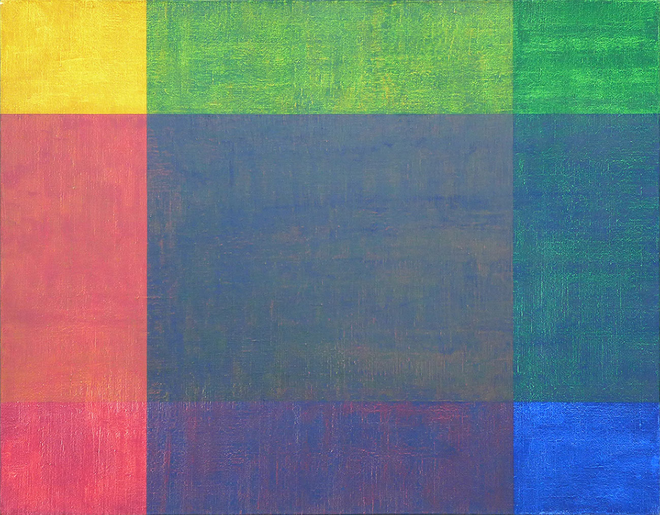 4 gold rectangles of 4 colors, blue, green, yellow and red, are partially superimposed in a dextrogyral rotational movement with transparent colors for finer optical mixtures on a canvas of one square meter.