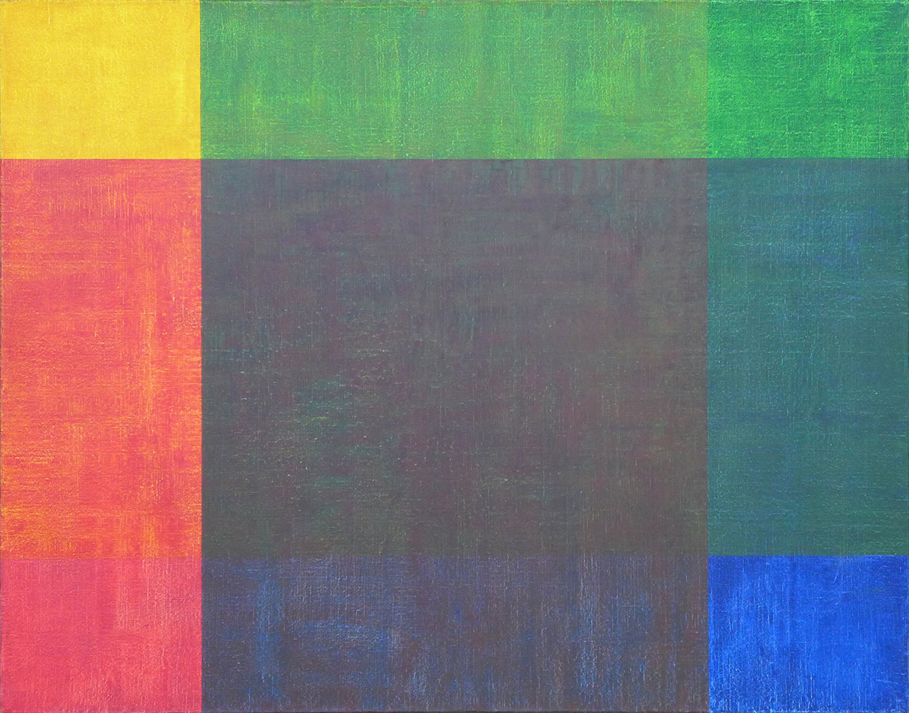 4 rectangles d'or de deuxième espèce de 4 couleurs, bleu, vert, jaune et rouge, se superposent en partie dans un mouvement de rotation lévogyre avec des couleurs transparentes pour des mélanges optiques plus fins sur une toile d'un mètre carré.