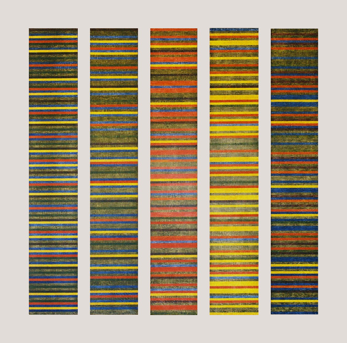 Polyptich of 5 canvases of 120 strips of one centimeter wide, painted of 3 colors blue, yellow and red, arranged every 2, 3 and 5 strips in the first painting on the left, then, every 3, 5 and 8 in the 2nd one, every 5, 8 and 13 in the middle one, every 8, 13 and 21 in the 4th one and, every 21, 34 and 55 strips in the last one on the right.