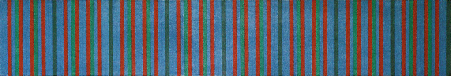 120 bandes verticales de 20 cm de haut et d'un centimètre de large, du rouge toutes les 3 bandes, du vert toutes les 5 et du bleu pour toutes les autres.