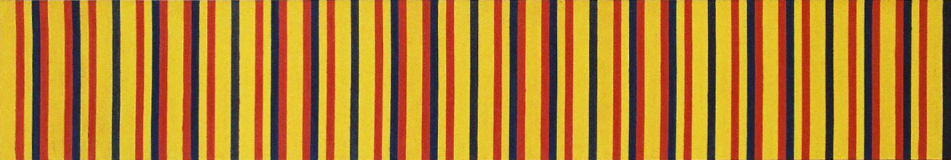 120 vertical stripes of 20 centimeters high and one centimeter wide, red every 3 stripes, blue every 5 and yellow for all others.