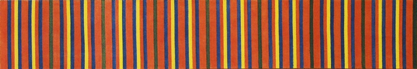 120 bandes verticales de 20 centimètre de haut et d'un centimètre de large, du bleu toutes les 3 bandes, du jaune toutes les 5 et du rouge pour toutes les autres.