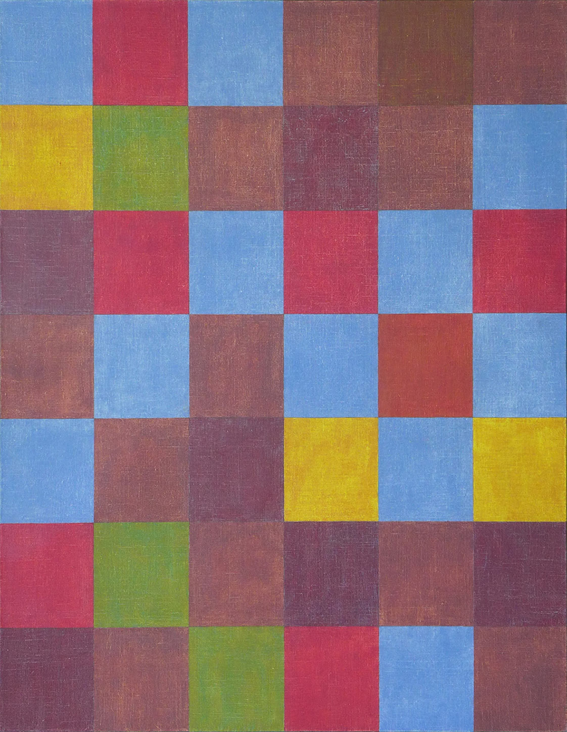 In homage to Paul Klee, a serial re-reading of his painting "New Harmony" drawn with the same geometry and painted with the colors, blue, red and yellow, arranged according to the numbers 2, 3 and 5.