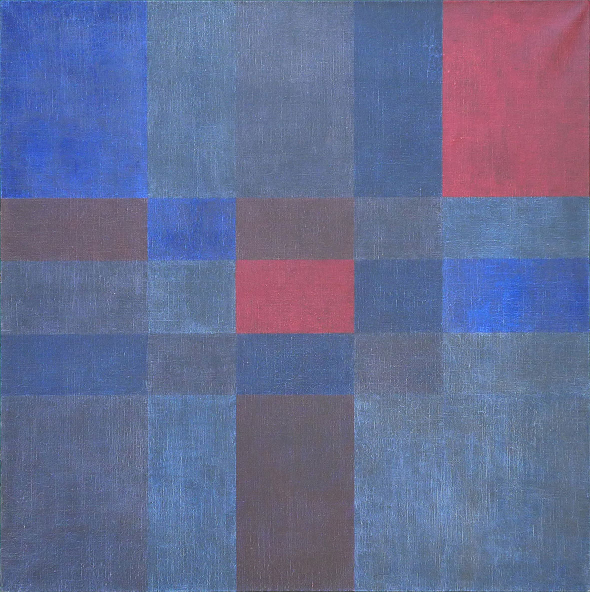Two red rectangles illuminate a winter night atmosphere of ultramarine blue, night blue and a "black" blue.