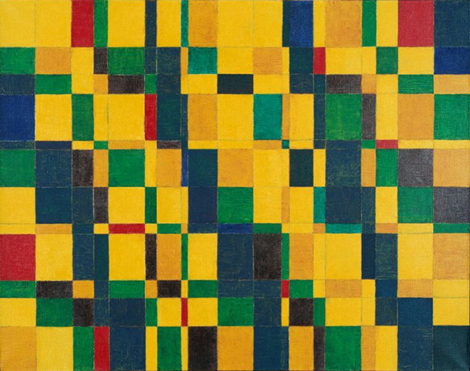 The four "Seasonal Variations" are the first paintings of the serial paintings based on the terms of the Fibonacci sequence, as a rule of concrete art, each painted with the same four colors in a different order. "Summer Variation", a painting from the series "The Four Seasons", is painted in red, yellow, green and blue.