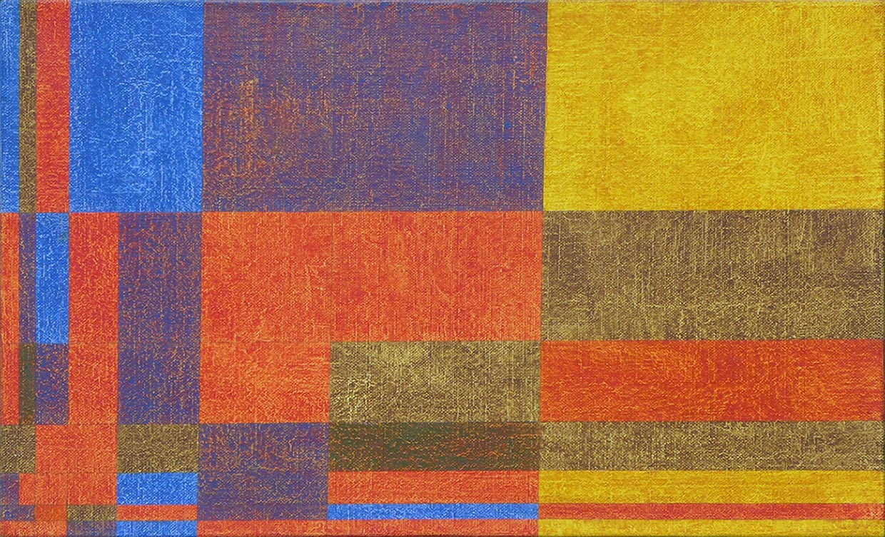 Une expansion de rouge, bleu et jaune, du coin inférieur gauche vers la droite puis, alternativement, vers le haut à gauche dans une dynamique colorée vers un jaune solaire.