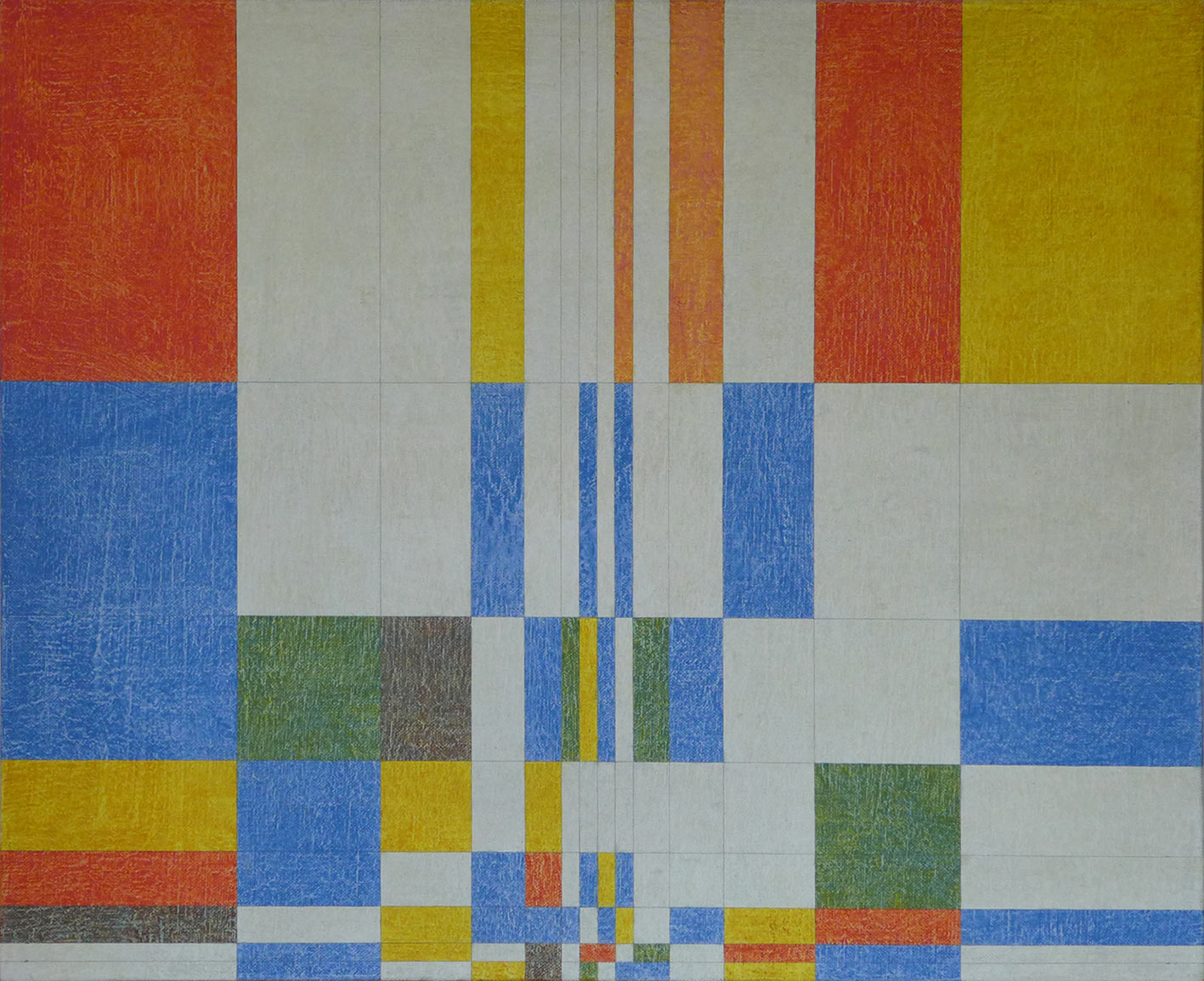 Une expansion de bleu, jaune et rouge, du milieu en bas vers la droite puis, alternativement, vers la gauche en une dynamique colorée.