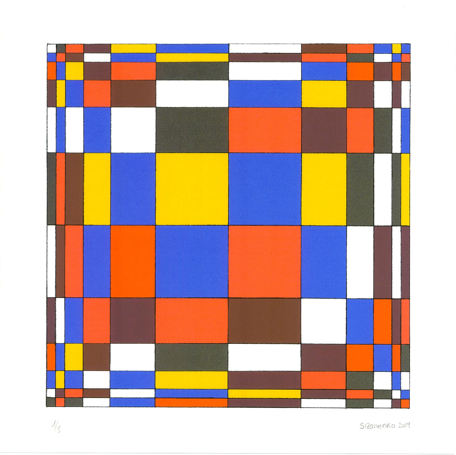 Mandala "lévofuge" coloré de bleu, jaune et rouge, dans le sens contraire des aiguilles d'une montre, sens de rotation mathématique et, du centre vers l'extérieur.