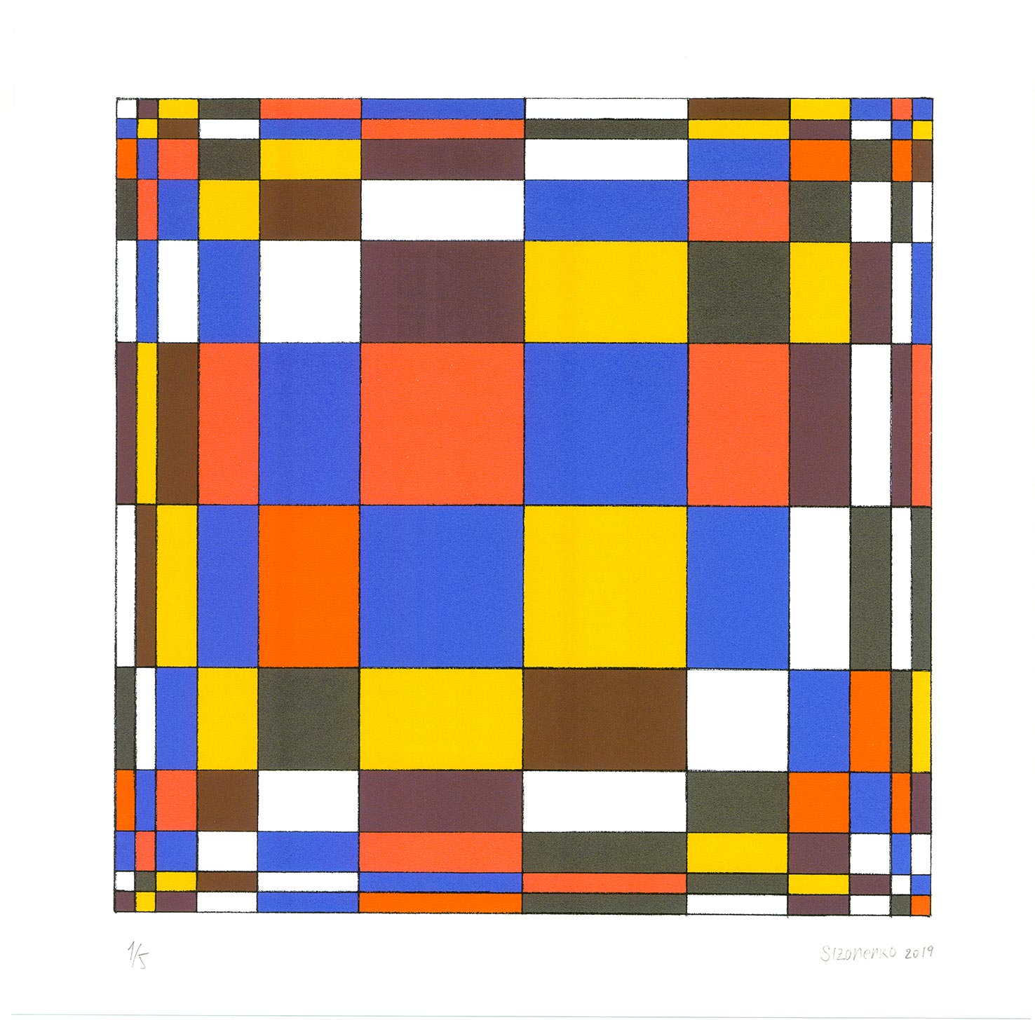 Mandala "lévofuge" coloré de bleu, rouge et jaune, dans le sens contraire des aiguilles d'une montre, sens de rotation mathématique et, du centre vers l'extérieur.