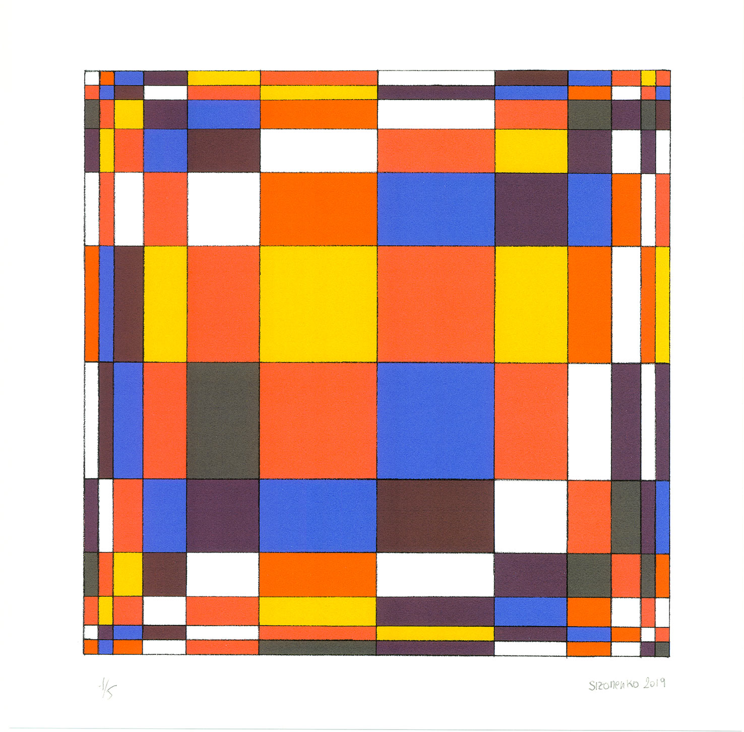 Mandala "lévofuge" coloré de rouge, jaune et bleu, dans le sens contraire des aiguilles d'une montre, sens de rotation mathématique et, du centre vers l'extérieur.
