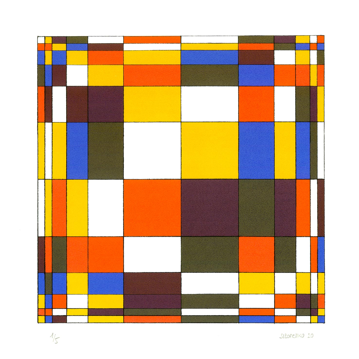 Mandala "lévopète" coloré de jaune, rouge et bleu, dans le sens contraire des aiguilles d'une montre, sens de rotation mathématique et, de l'extérieur vers le centre.